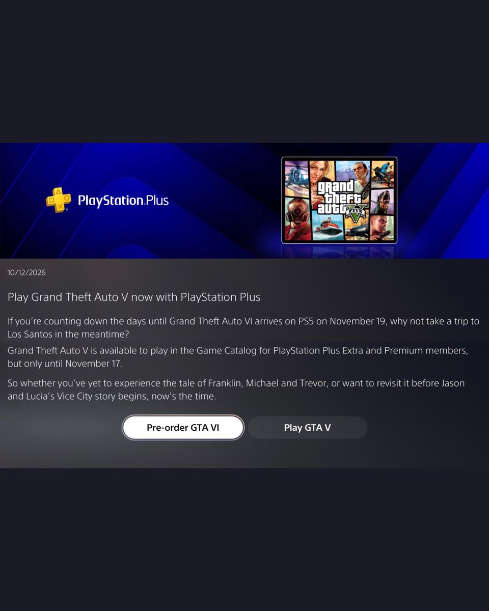gtasix_'s tweet photo. PlayStation is inviting players to take one last trip to Los Santos before Jason and Lucia’s story begins in GTA 6: https://t.co/5EDflAC5x2
