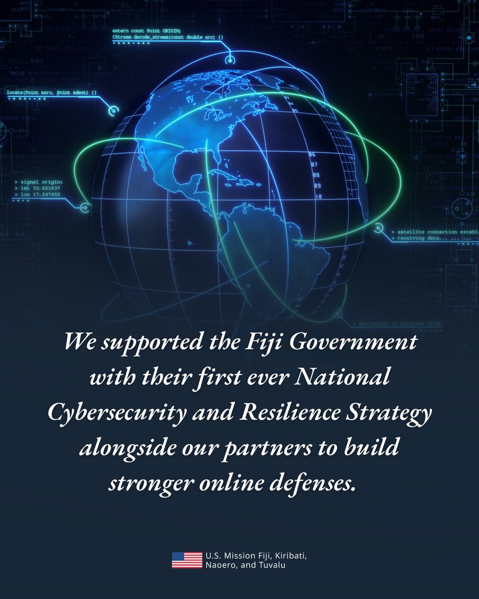 USEmbassySuva's tweet photo. 🇺🇸🛜🔐🇫🇯 The United States is a global leader in cybersecurity and we believe in helping our partners build a safer digital future because strong cybersecurity means stronger communities and stronger partners! 

🤝 Last December, with @USTDA, we formalized a Grant Agreement on ICT Modernization Technical Assistance with the Ministry of Policing and Communications to upgrade the tools that keep Fijians connected.  

📄 In March we began supporting the Fiji Government with the implementation of their first ever National Cybersecurity and Resilience Strategy alongside our partners to build stronger online defenses.  

🌐 In April we worked with security agencies to develop and lead Operation Silktail, Fiji's first national cyberattack exercise where they engaged in cyberattack scenarios and response protocols.  

We will continue to provide American expertise to help safeguard citizens, critical infrastructure, and other networks from malicious threats. 

#USwithFiji