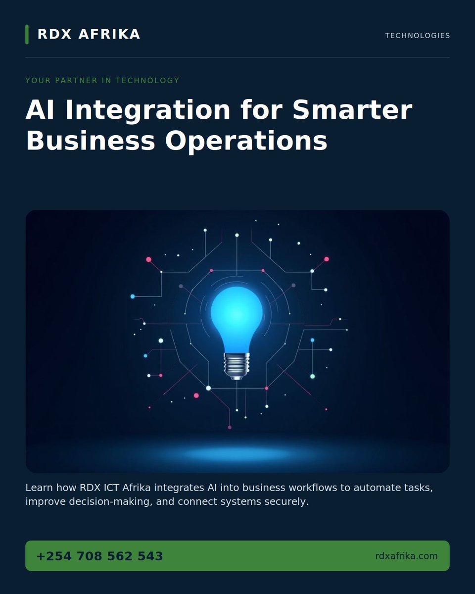 Rawlinz_Designs's tweet photo. AI that works: automating M-Pesa triggers, eTIMS checks, and approvals—built into your systems. Secure. Practical. Kenyan-built. Book a consult: https://t.co/ybSDlZn6fX #AI #Automation #RDX https://t.co/wV4Xbn4ZSg