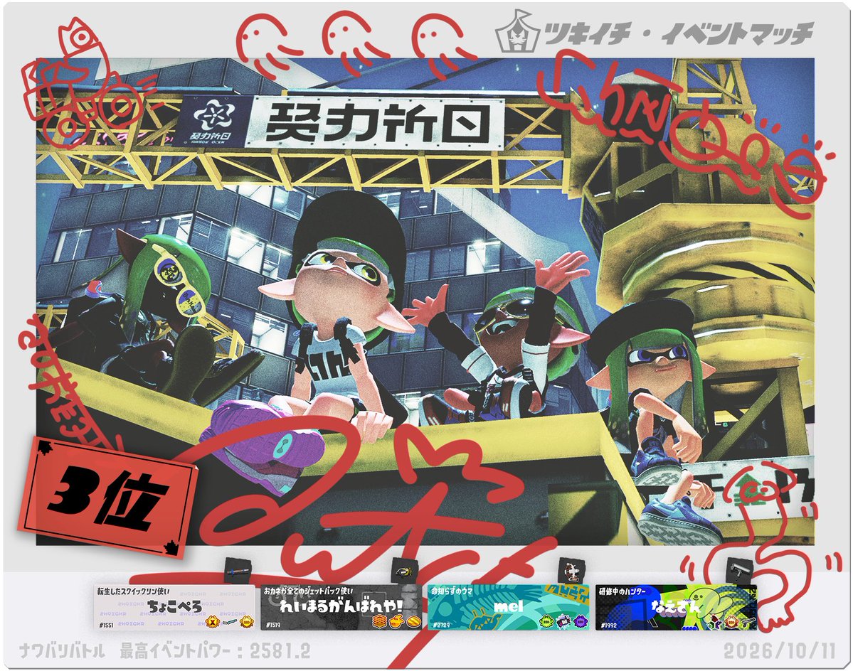 SplatoonJP's tweet photo. 「10/11(日)昼13時～15時」に開催された「ツキイチ・イベントマッチ」の「チーム部門」の上位3チームならびに「ぴったりまんなか賞」を発表するぞ！
おめでとう！
ツキイチ・イベントマッチは次回も開催予定だ。
詳細が決まったらお伝えするので、お待ちいただきたい。 https://t.co/MmeIBE669C