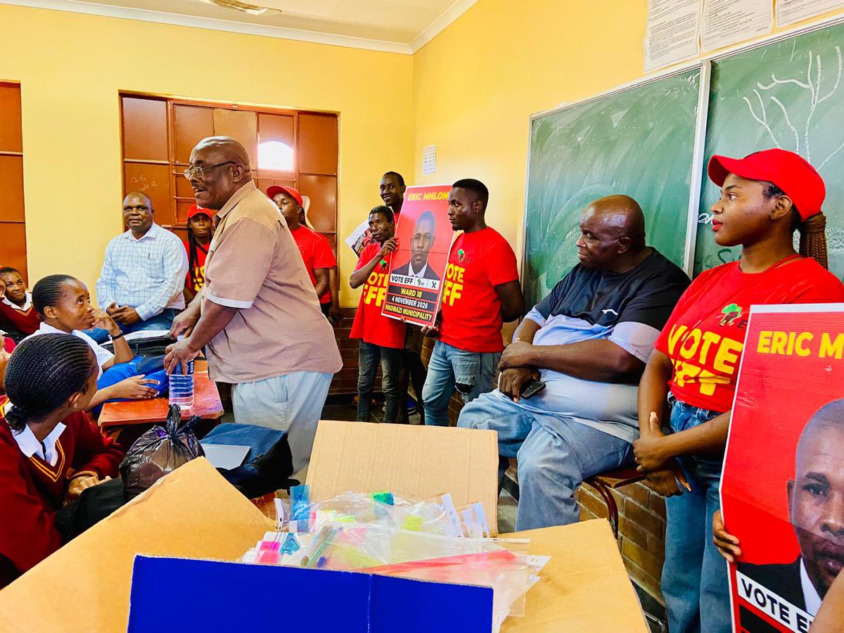 EFF_Nkomazi's tweet photo. ♦️Soshangane Secondary School♦️

EFF Ward Cllr Candidate Fighter Eric Mhlongo accompanied by a delegation of fighters led by Elections Convenor Fighter Ngrayi Ngwenya have officially handed over a donation of a Cow, Stationary, and an Amount of R3000 to  Soshangane Secondary School this morning. 

This initiative by the EFF is meant to support the schools as they will be embarking on Grade 12 School Camps in Preparation for final examinations. The EFF makes this donation to ensure that no learner gets excluded from participating in the camp just because their families could not afford to pay the camp fee.