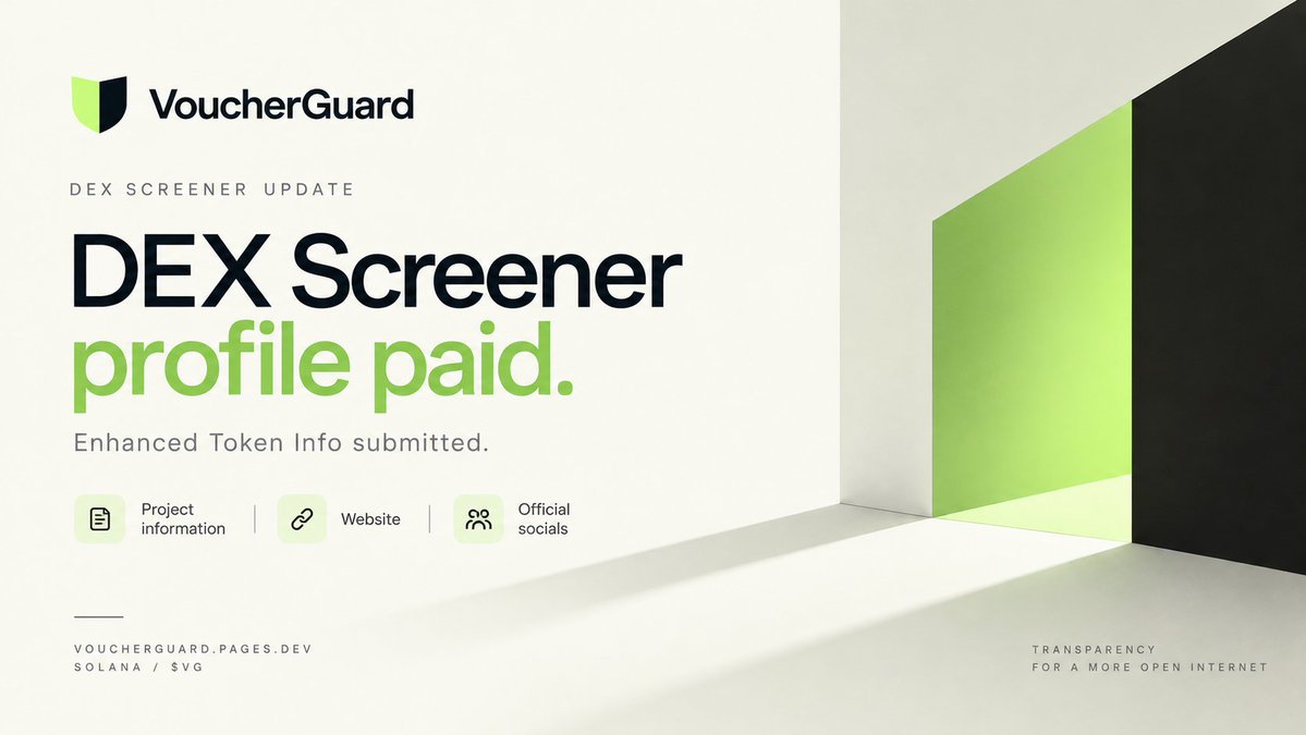 VoucherGuard's tweet photo. $ VG — DEX Screener update!

We've paid for Enhanced Token Info.

Our project details, website, and official links are being added to the token profile.

https://t.co/3uVHvPt3IH