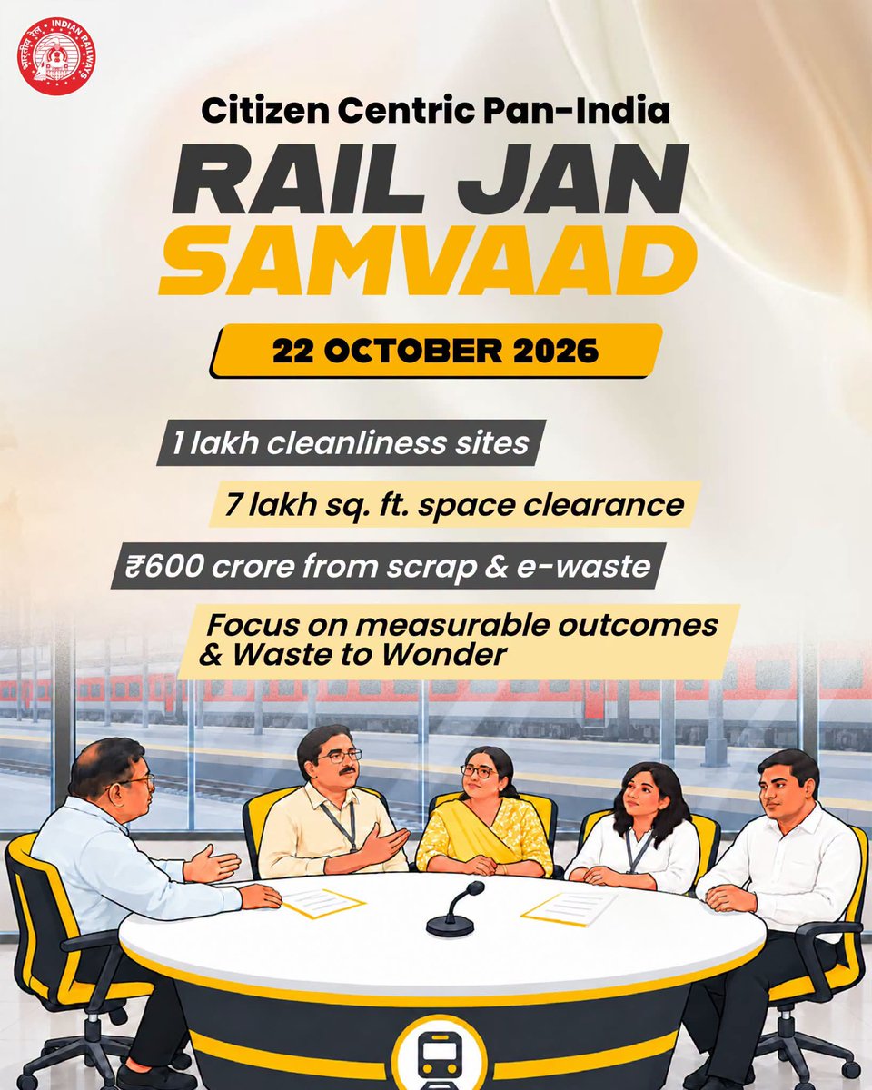 SWRRLY's tweet photo. Citizen Centric Pan-India Rail Jan Samvaad to Be Held at All Stations on 22.10.2026. The Ongoing Special Campaign Focuses on Measurable Outcomes and Waste-to-Wonder Initiatives.
#SpecialCampaign6 #RailJanSamvaad

Read More: https://t.co/9hY2mWbExg... https://t.co/dXgYk1ankN