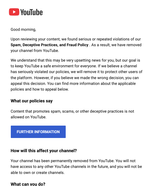 pepalikestech's tweet photo. Day 2 of asking
@TeamYouTube
for a REAL human! My channel with 70k subscribers was FALSELY terminated for Spam/Scam. I have never scammed or spammed videos in my life...   Please repost this so I can get their attention 👇 https://t.co/7JOCXwgGx3