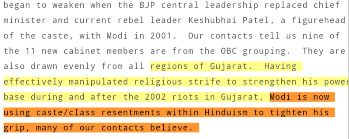 Neetivaan's tweet photo. Modi is now using caste/class resentments within Hinduism to tighten his grip, many of our contacts believe.

- US Embassy via Wiki Leaks https://t.co/wR67k0ivIR