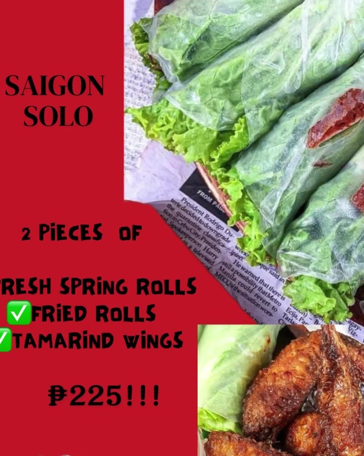 lobos_1's tweet photo. Try Saigon Solo or Saigon Duo today. Savor fresh and fried spring rolls, Tamarind Wings, and Breaded Tofu. Open Mon–Thu 11am–9pm, Fri–Sun 11am–10pm. 240 Aguirre Ave, BF Homes, Parañaque. https://t.co/mTLfI2ztUm