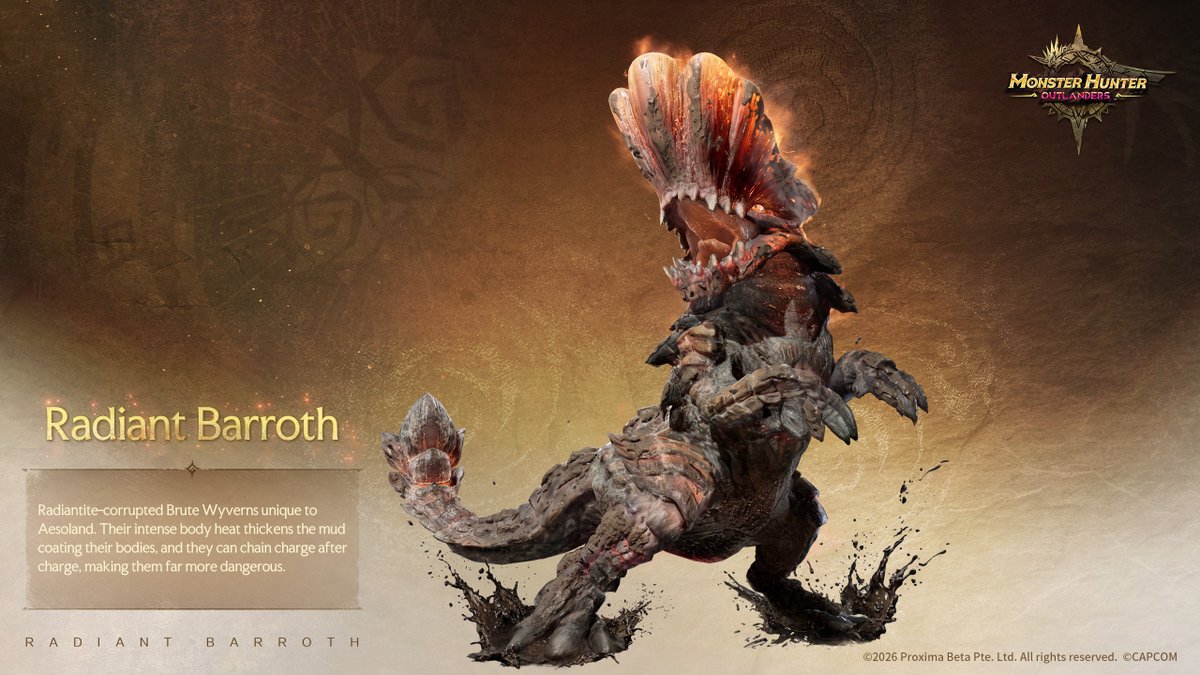MHO_English's tweet photo. #MHO Monster Info Compilation ②
We've put together the Aesoland monster info received from the Guild.
Check out each monster's features before heading out on your hunt! 

This time, we're introducing the following 👇
- Radiant Jyuratodus
- Radiant Barroth

Pre-registration is now open:
https://t.co/Jx8JqddBiq

#MHO1029GoHunt #MonsterHunterOutlanders #MHOutlanders
