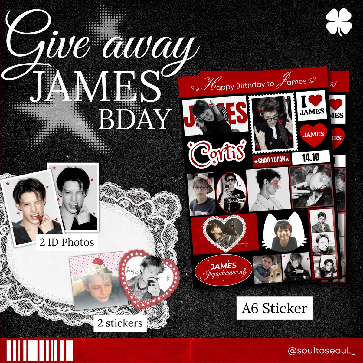 soultoseouL_'s tweet photo. 𝓅ls kindly retweet <3
GIVEAWAY JAMES BIRTHDAY 𓈒 🐈‍⬛

Only 8 set kub ໒꒱˚⋆
1 sticker A6 , 2 ID photos , 2 stickers 

𝄞𓈒 gg form : 16 oct 2026 | time : 19:00
📦shipping 40฿ ❤︎

#ตลาดนัดcortis https://t.co/nQjpwURdpE