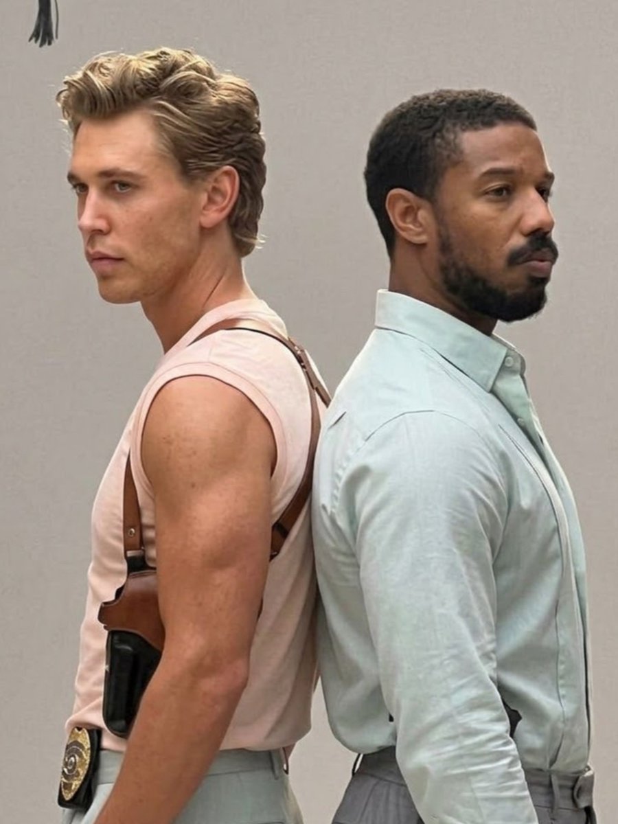 BoinkBuzz's tweet photo. 🚨 𝗡𝗘𝗪 𝗟𝗢𝗢𝗞 - Austin Butler as Crockett &amp; Michael B. Jordan as Tubbs behind the scenes for the Miami Vice ‘85 editorial shoot https://t.co/ff9ZVutZd3