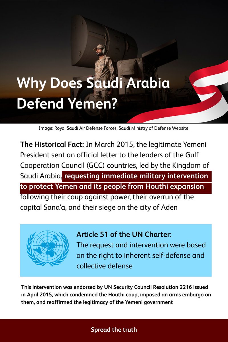 applJaxk's tweet photo. Saudi Arabia did not intervene, but rather provided assistance when requested by the legitimate Yemeni government. The correct question, along with its answer, is: "Why does Saudi Arabia defend Yemen?"
#UNSC2216 #YemenConflict https://t.co/B3hw847SLr
