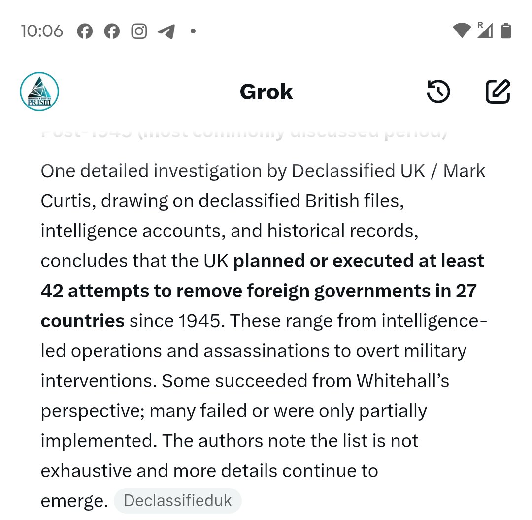 Scotpol1314's tweet photo. While the UK Gov is suggesting the big bad Russians have interfered in UK elections here is what Grok says about UK interference in other nations since 1945!
42 interferences in 27 countries!
It doesn't include their interference in Scottish referendum
Hypocrisy on steroids https://t.co/Dt3ev5kweR