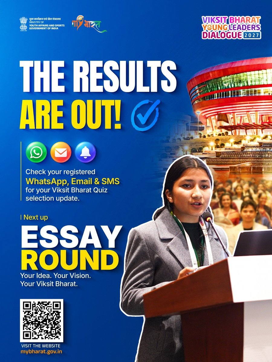 MYBharatHQ's tweet photo. One Step Closer to Making Your Voice Count! 🇮🇳

The journey to Viksit Bharat Young Leaders Dialogue 2027 is getting even more exciting!

Young minds are moving forward with big dreams, bold ideas and a shared vision for India's future.

If you've qualified for the next stage, it's time to turn your thoughts into powerful ideas and make your voice heard on a national platform! 

👉 To know more and participate in the Essay Round, visit: https://t.co/GdW8uIgBK7

Dream Big. Think Bold. Shape Viksit Bharat!

#MYBharat #YoungLeadersDialogue