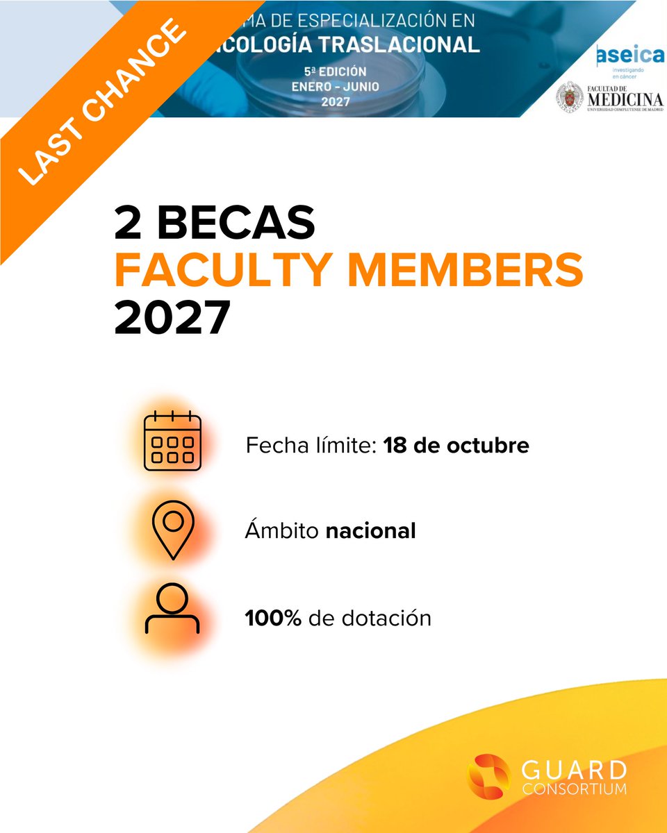 GuardConsortium's tweet photo. 🎓 ÚLTIMOS DÍAS | Becas GUARD Consortium

El próximo 18 de octubre finaliza el plazo para solicitar una de las 2 becas del 100% para cursar el Diploma de Especialización en Oncología Traslacional ASEICA–UCM 2027.

Una oportunidad dirigida a Faculty Members de GUARD que quieran ampliar su formación en investigación y oncología traslacional.

📅 Deadline: 18 de octubre · 23:00 h
📝 Solicitud: https://t.co/8HCVTy1vUf
📩 Dudas: info@guardconsortium.org

#OncologíaTraslacional #FormaciónOncológica #GUARDConsortium @ASEICAnews @DrFelixGuerrero @cdanicas @dralvaropinto @drenriquegrande @fcounago @docjavip @BerUrologia @DrJaVallejo @Maroto5Pablo @nachoduranm @RodriguezAntona @AnaPlatabello1