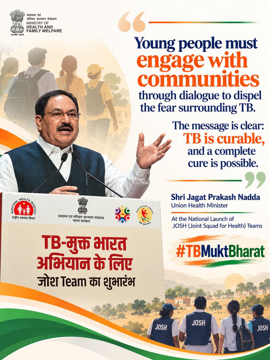 IamVirendra7's tweet photo. Engaging communities, spreading awareness and addressing misconceptions are essential to the fight against TB.Through JOSH Teams, young volunteers are encouraging open conversations, early diagnosis and timely treatment, strengthening collective efforts towards a TB-Mukt Bharat. https://t.co/iCnVyKvNbt