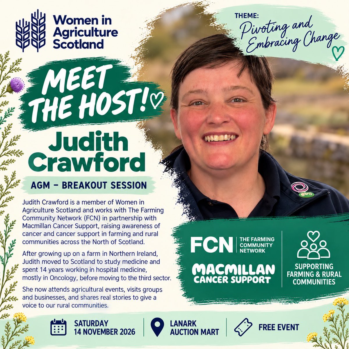 WiAScot's tweet photo. 🌾 Meet AGM host Judith Crawford! Judith works with @FCNcharity &amp; Macmillan Cancer Support, raising cancer awareness in farming communities. Join us 14 Nov at Lanark Auction Mart for our FREE AGM! 💚 #WiAS #RuralWellbeing https://t.co/TaS6SywzGZ