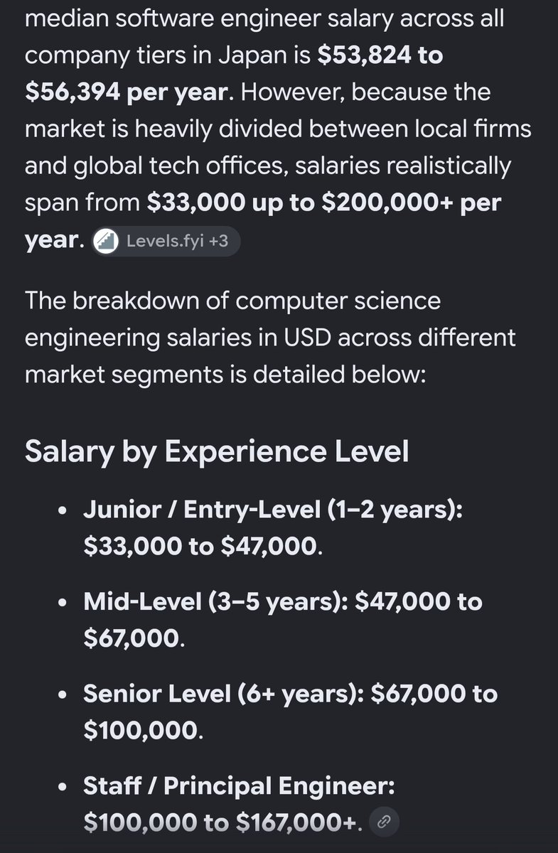 doab_jat's tweet photo. This is the median salary of software engineers in japan:

So 70k USD per year is even more than the median salary of someone 3-5 year experience(I.e 47k-67k USD).

And moreover there is no comparison between the living standards of Japan and india(from where they are escaping). https://t.co/bn2bay5EUR