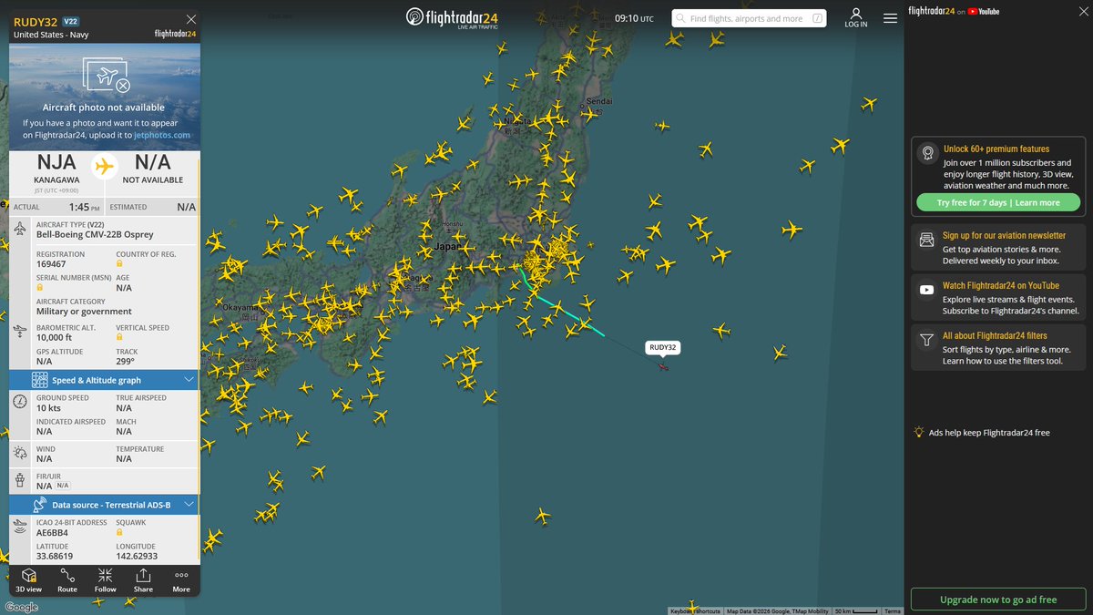 AIYeyENGDdJkjTr's tweet photo. Oct. 13, 2026
#Naval Air Facility Atsugi, Ayase ==> #South sea of Japan
#RUDY32 #AE6BB4 USN CMV-22B Osprey
The USS Theodore Roosevelt is located 342 km southeast of Tokyo. https://t.co/3N5s5WAFIf