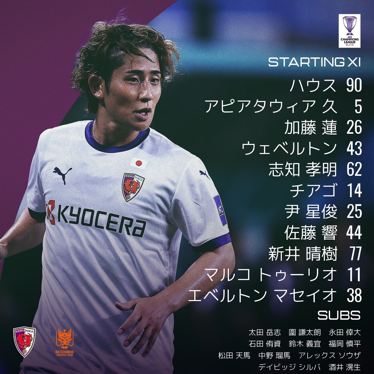 sangafc's tweet photo. 🟣STARTING XI🐦‍🔥

🏆AFCチャンピオンズリーグElite リーグステージ 第2節
🆚ラーチャブリーFC

#ACLElite #KYOTOtoASIA
#sanga #京都サンガ https://t.co/Ss1Yi9rVnU