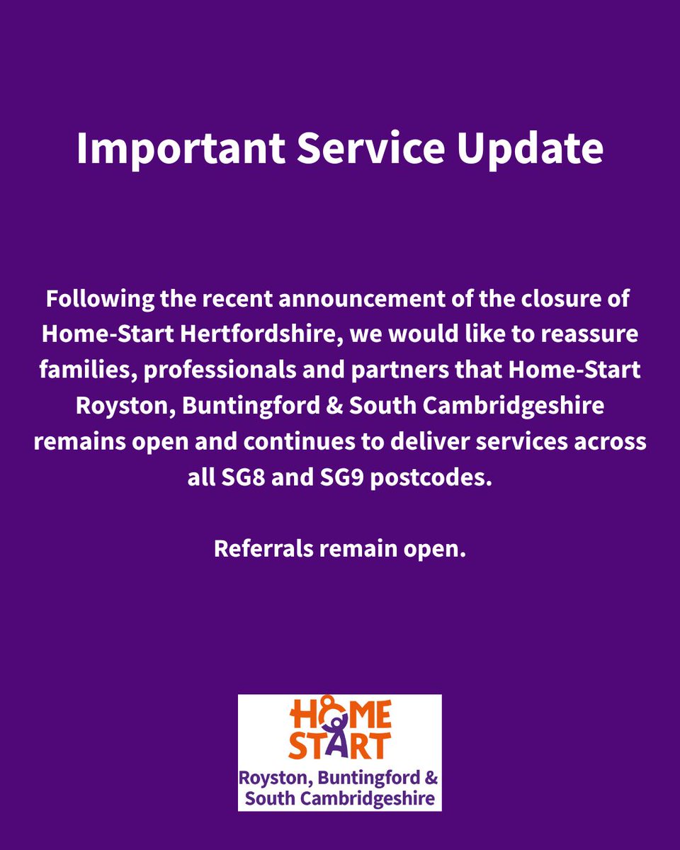 HomeStartRSC's tweet photo. Following the recent announcement from Home-Start Hertfordshire, we'd like to reassure families, professionals and partners that Home-Start Royston, Buntingford &amp; South Cambridgeshire remains open, continues to deliver services across SG8 and SG9, and is open to referrals. https://t.co/pRdAcUUmtF