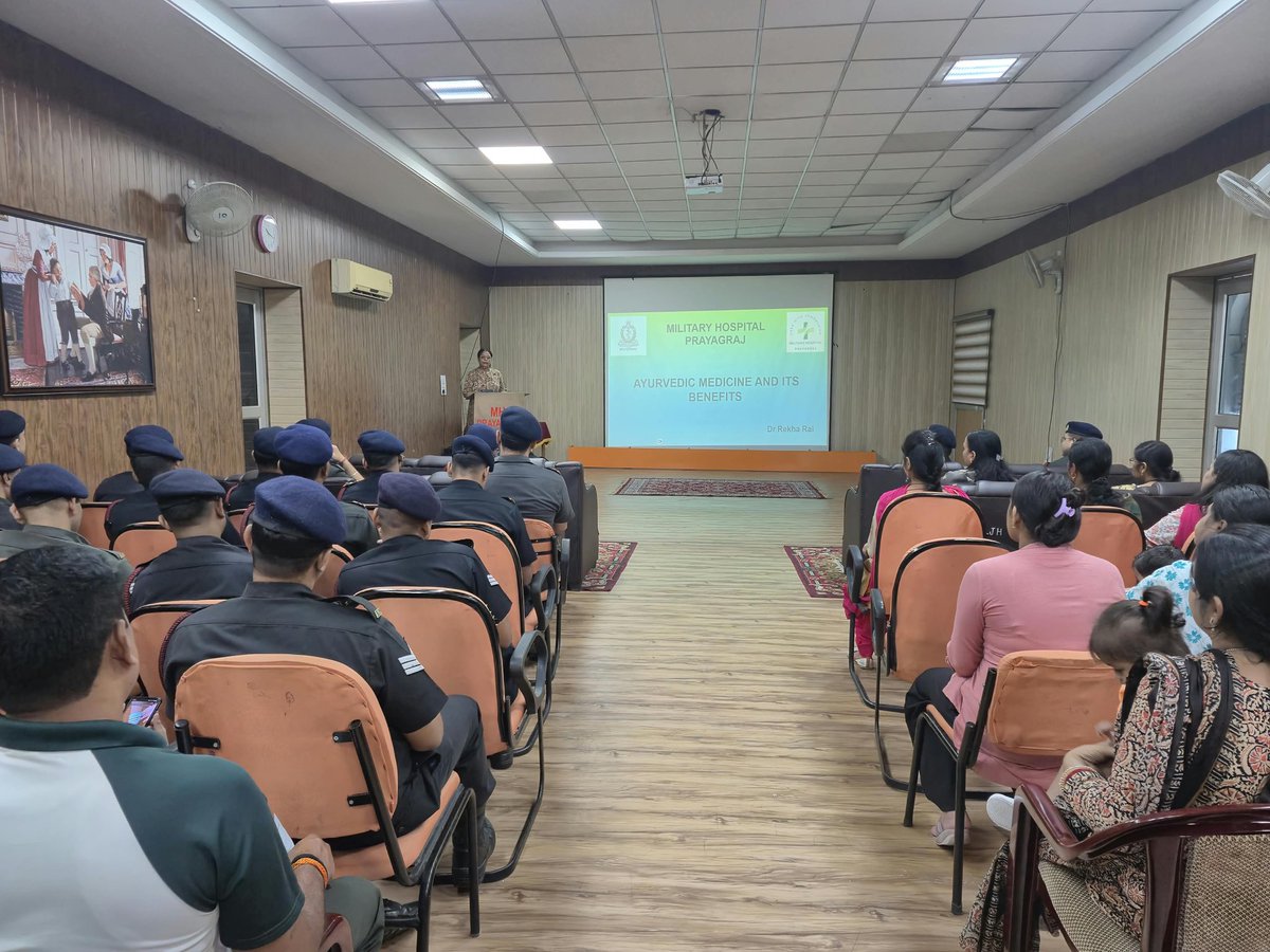 PROdefprayagraj's tweet photo. 🌿 Promoting Holistic Health & Wellness! 🌿

On the occasion of 11th Ayurveda Day, Military Hospital Prayagraj organised an insightful lecture on “Ayurvedic Medicine and Its Benefits” on 12 Oct 2026. Delivered by Dr Rekha Rai, Ayurvedacharya, the session highlighted Ayurveda’s holistic approach to preventive healthcare, healthy living and overall well-being, encouraging troops and families to embrace India’s rich traditional system of medicine in daily life.

#IndianArmy #AyurvedaDay #HealthAndWellness
@SpokespersonMoD 
@adgpi 
@suryacommand 
@dgafms_mod