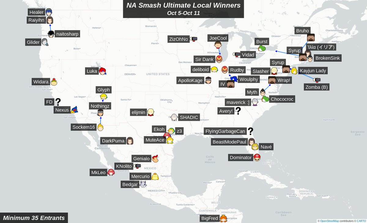 Statsfall's tweet photo. @SrirachaSSB My script grabbed the amateur bracket instead of the main one, so that got filtered out due to low entrant count. Fixed that bug and here's the fixed map. https://t.co/nSVqeCF9mx