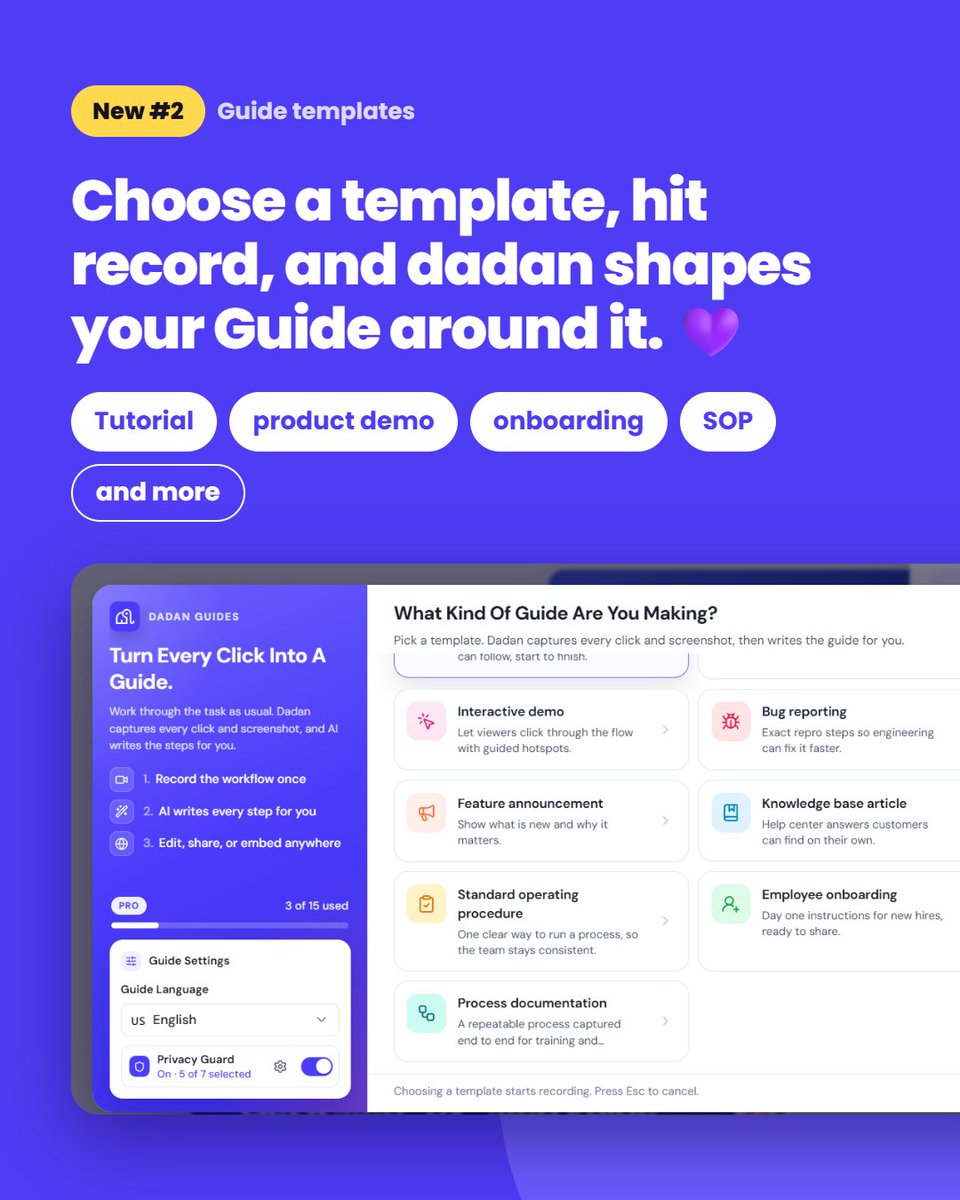 dadan_ltd's tweet photo. Remember Guides, the feature we JUST launched to turn your workflows into step-by-step instructions? 👀
Well, we've already got TWO new updates for you! 💜
Check them out and let us know what you think!
#Guides #FeatureUpdate #dadanGuides https://t.co/oFB0YrG1eb