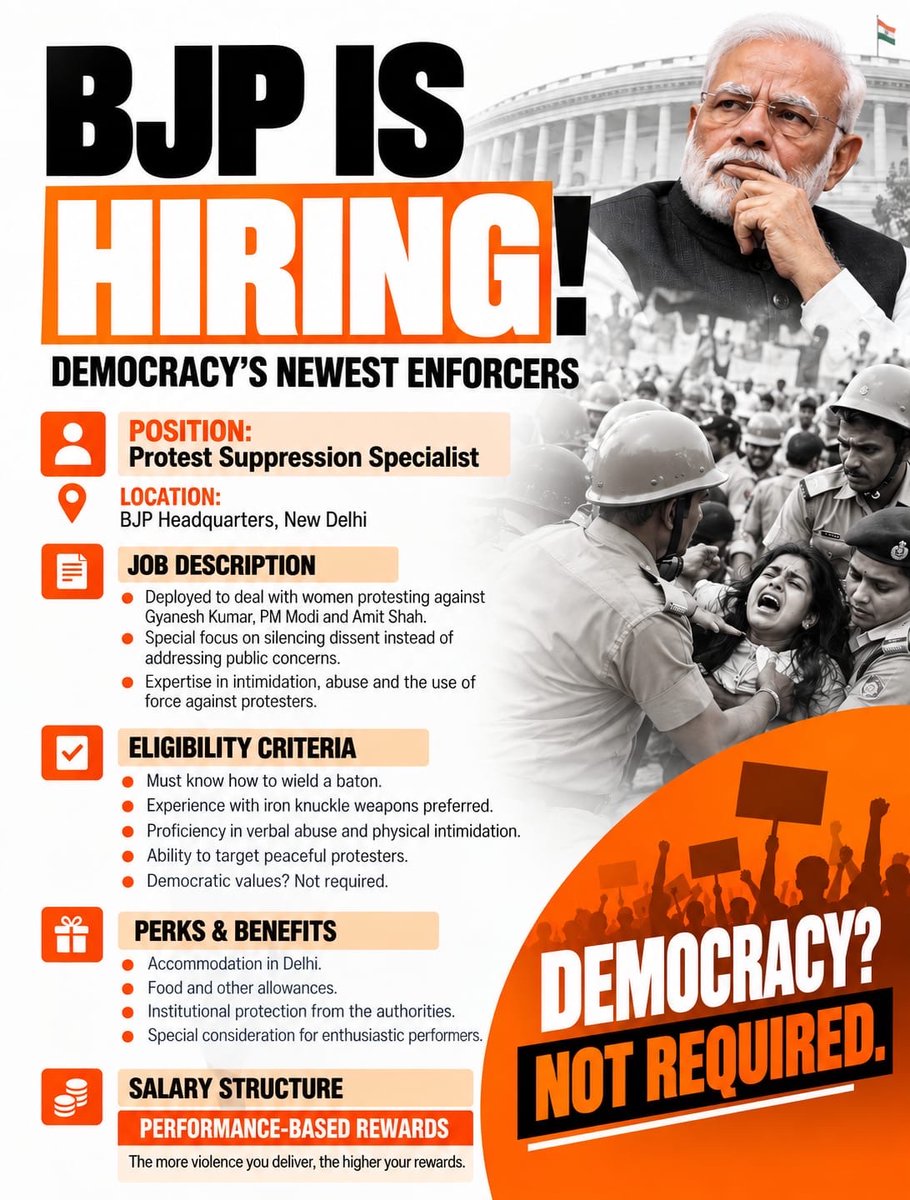 AamAadmiParty's tweet photo. PM Modi and HM Amit Shah are looking for goons. Do you know anyone who fits the role? https://t.co/Nb83hvjdia