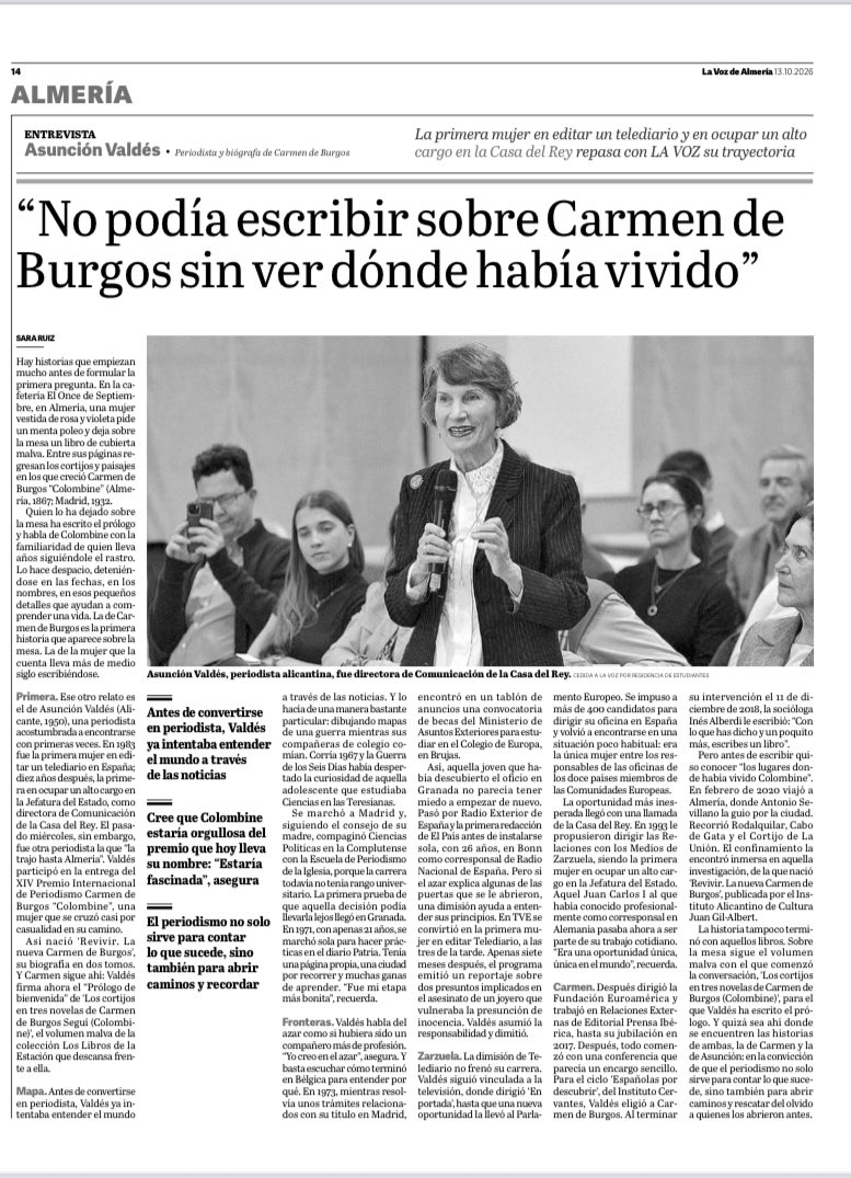 AP_APAlmeria's tweet photo. Asunción Valdés habla hoy en @lavozdealmeria sobre Colombine y nuestro premio internacional de periodismo que copatrocinan @GrupoCosentino y @FundUnicaja. https://t.co/0x13xjbTnR