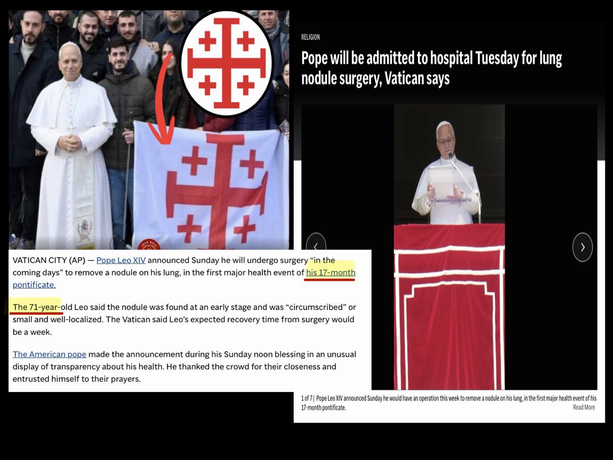 RealAbs1776's tweet photo. Something is afoot. 

We are told Pope Leo has a nodule/tumor that is innocuous in nature. 

Yet - he is having surgery for it almost immediately. 

This will almost certainly cost him his trip to South America - which makes no sense. 

Why not do the trip and then the surgery if it is just an innocuous nodule? 

The narrative isn’t connecting dots. 

But it gets weird from here. 

In 2017, a Mexican Horror movie named “El Habitante” was released. 

In this movie, there is a Pope named Pope Leon (Leon in Greek translates to Leo in Latin). 

In the first clip I’ve included, a news broadcast is discussing the death of Pope Leon due to … you guessed it “irreversible cardiopulmonary collapse and sepsis after hospitalization the previous week”. 

… Pope Leo is having lung surgery today. That qualifies as “cardiopulmonary”. 

The clip is in Spanish, but I have translated and changed the audio to English and included subtitles as well.

(I have also included the original clip in the first comment so you folks can translate it yourself to see that I’m not altering what is being said.)

In the movie, the Pope dies a week after being admitted. A week from today is October 20th. The ONLY Q Drop on October 20th was Drop 4903. 

The drop includes a link to a video clip from Crimson Tide in which Denzel Washington’s character (named Hunter) sets the missiles on the sub to launch. 

@truestormyjoe hit the very same drop yesterday in this dig: https://t.co/ZUgxyXuPvi

But - I’m not done yet. It gets weirder. 

His surgery is today, October 13th. 

Why is October 13th relevant? 

Because that is where the Friday the 13th superstition comes from (and yes, I am aware it isn’t Friday 😂. The date remains relevant, however). 

On Friday, October 13, 1307, King Philip IV of France ordered the mass arrest of Knights Templar across his kingdom. This is the origin of the Friday the 13th superstition in some popular accounts. The arrests, interrogations, and later executions involved both French royal authorities and the Catholic Church (under Pope Clement V). 

Philip IV of France was heavily in debt to the Templars. He sought to seize their wealth and eliminate them as a rival power. He pressured Pope Clement V (who resided in France and depended on French support) to act against the Templar Order. 

What is interesting is the enclosed picture of Pope Leo standing next to a Crusaders’ Cross (Jerusalem Cross). 

So - We have the Pope having lung surgery out of nowhere that seems to line right up with a movie from 2017 discussing the death of a Pope Leo because of cardiopulmonary collapse, and this is happening on the same date that the Catholic Church banished, arrested, and executed the Knights Templar. 

Not to mention this is the 17th month of his papacy, and he is 71 years old. 

I’m not even sure what to make of all of this. But it is way too much to ignore, and it doesn’t seem like it is just a fantastic string of coincidences.

Let’s see what happens.