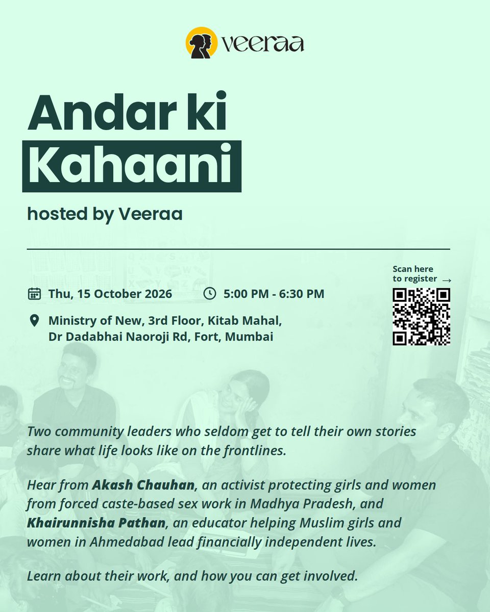 veeraadotorg's tweet photo. Veeraa is in Mumbai for a session at @MinistryOfNew 

Join us for a conversation with grassroots leaders Akash Chauhan and Khairunnisha Pathan on caste-based exploitation and girls’ education in India.

Thursday, 15 October | 5–6:30 PM
Register via the link in bio. https://t.co/DzrNNmhoHl