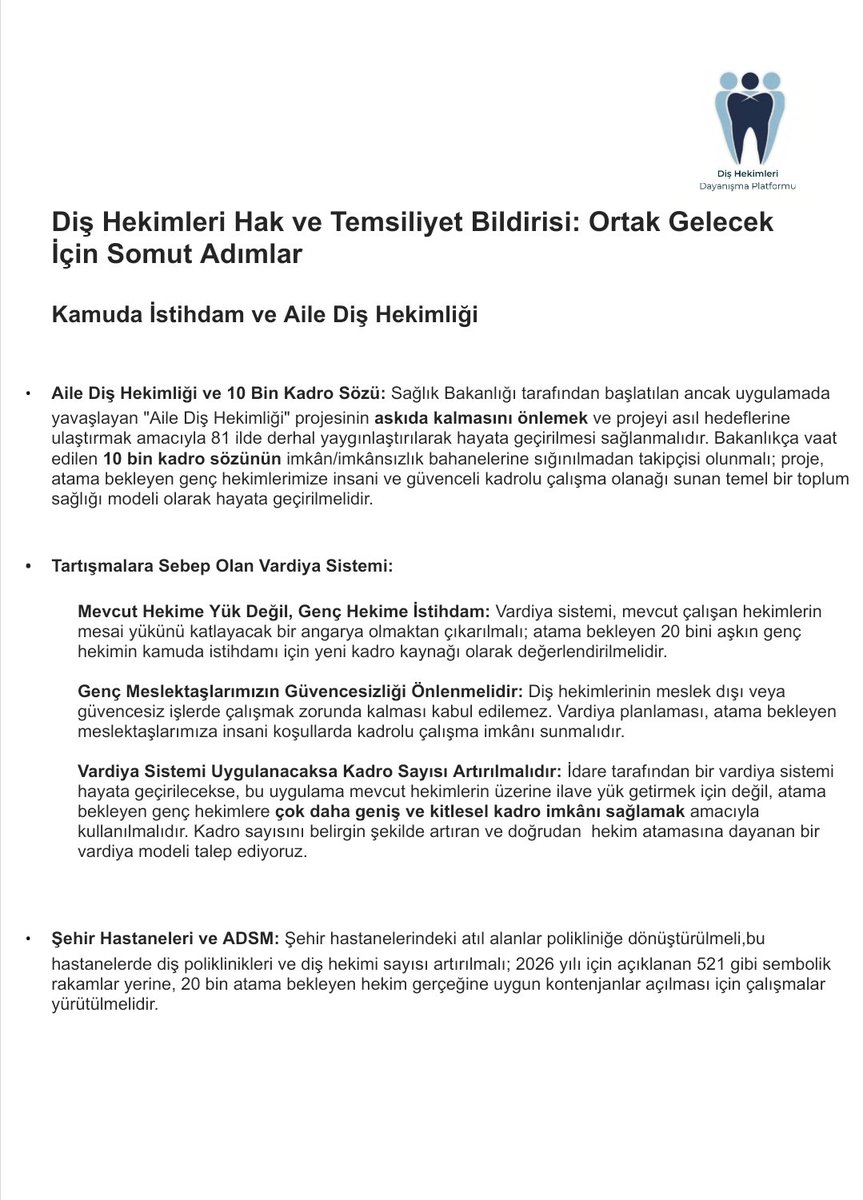 dishekdayanisma's tweet photo. İlanı geciken, sembolik kadrolar açılan kuralar, tıkanan DUS ve özel sektördeki sömürü meslektaşlarımızı meslek dışına itiyor.

​Kasım Genel Kurulu öncesi ilk önceliklerimiz: 🧵👇

1️⃣ Kamuda geniş istihdam sağlanmalı.

2️⃣ Aile Diş Hekimliği ve vardiya yaygınlaşmalı. https://t.co/BCBoZN2DC9