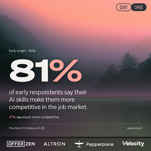 OfferZen's tweet photo. So far, 81% of people who responded say their AI skills help them stand out in the job market. 👀

The State of AI Delivery in South Africa survey is live, and early results already offer a glimpse into how AI is shaping the way we work.

We’re proud to support this research and help build a clearer picture of AI adoption in South Africa. Have your say: https://t.co/Mt1adW0BW2

#AIinSA #StateOfAIDeliveryZA