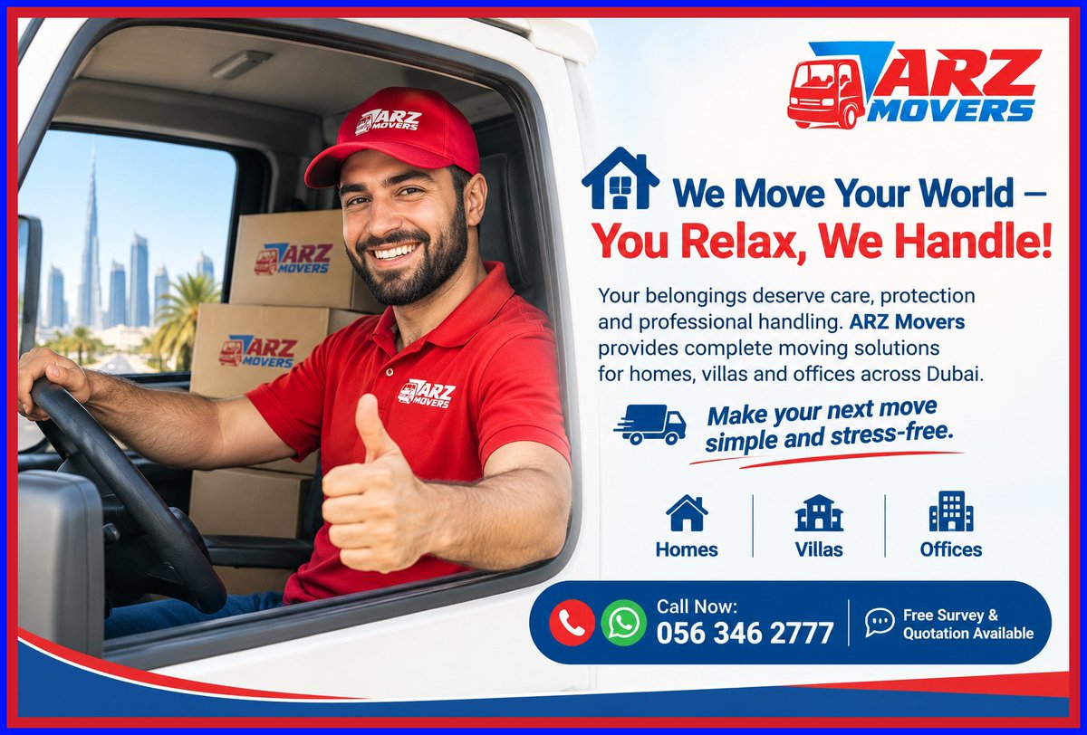 ArzMovers's tweet photo. 🏠 We Move Your World — You Relax, We Handle!
Your belongings deserve care, protection and professional handling. ARZ Movers provides complete moving solutions for homes, villas and offices across Dubai. 🚛📦
Make your next move simple and stress-free.
📞 Call Now: 056 346 2777 https://t.co/h4K4uG0Sl2