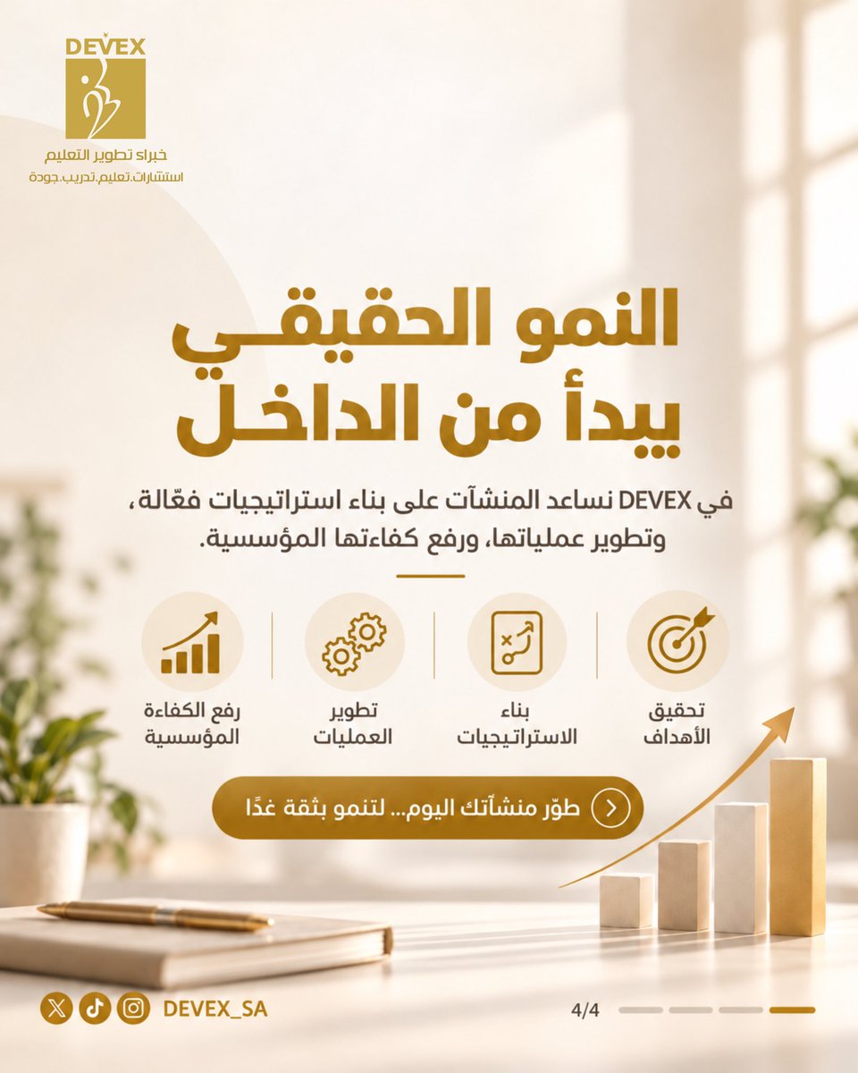 devex_sa's tweet photo. 🚀 النمو الناجح يبدأ بالتخطيط السليم!

الاستراتيجية الواضحة، والتنظيم الفعّال، وقياس الأداء هي أساس التوسع المستدام.

في خبراء التطوير والتدريب | DEVEX نساعد منشأتك على التطور والنمو بثقة.

#DEVEX #التطوير_المؤسسي #تطوير_الأعمال https://t.co/bnVusw4zWJ