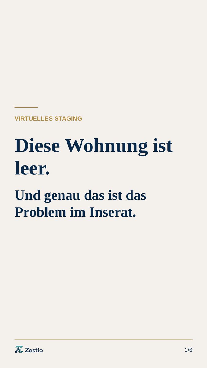 ZestioAI's tweet photo. first slide of a carousel i built for german real estate agents tonight.
the hook has to hurt a little: "this flat is empty - and exactly that is the problem in the listing."
6 slides, one staging demo, zero photoshoots. how do you hook agents?
#buildinpublic https://t.co/pzAJpUnASH