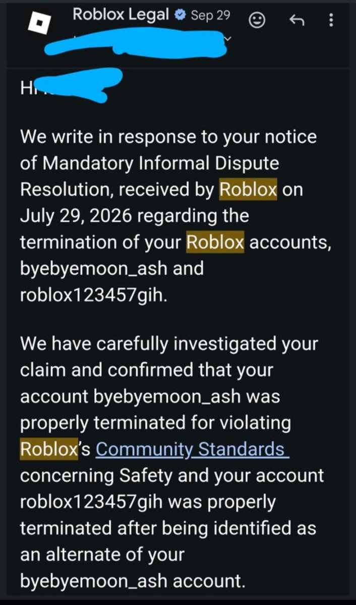 byebyemoon_ash's tweet photo. Day 85 false Roblox AI ban byebyemoon_ash
Banned July 20 for alleged VC June 19 Offline + VC disabled
Harmful Content → Child Safety
No evidence • MIDR denied • auto repliesDon’t use VC. Still waiting for my account.@Roblox
@Roblox_RTC
#RobloxBan #FalseBan #AIModeration https://t.co/s7HxPH2TPG