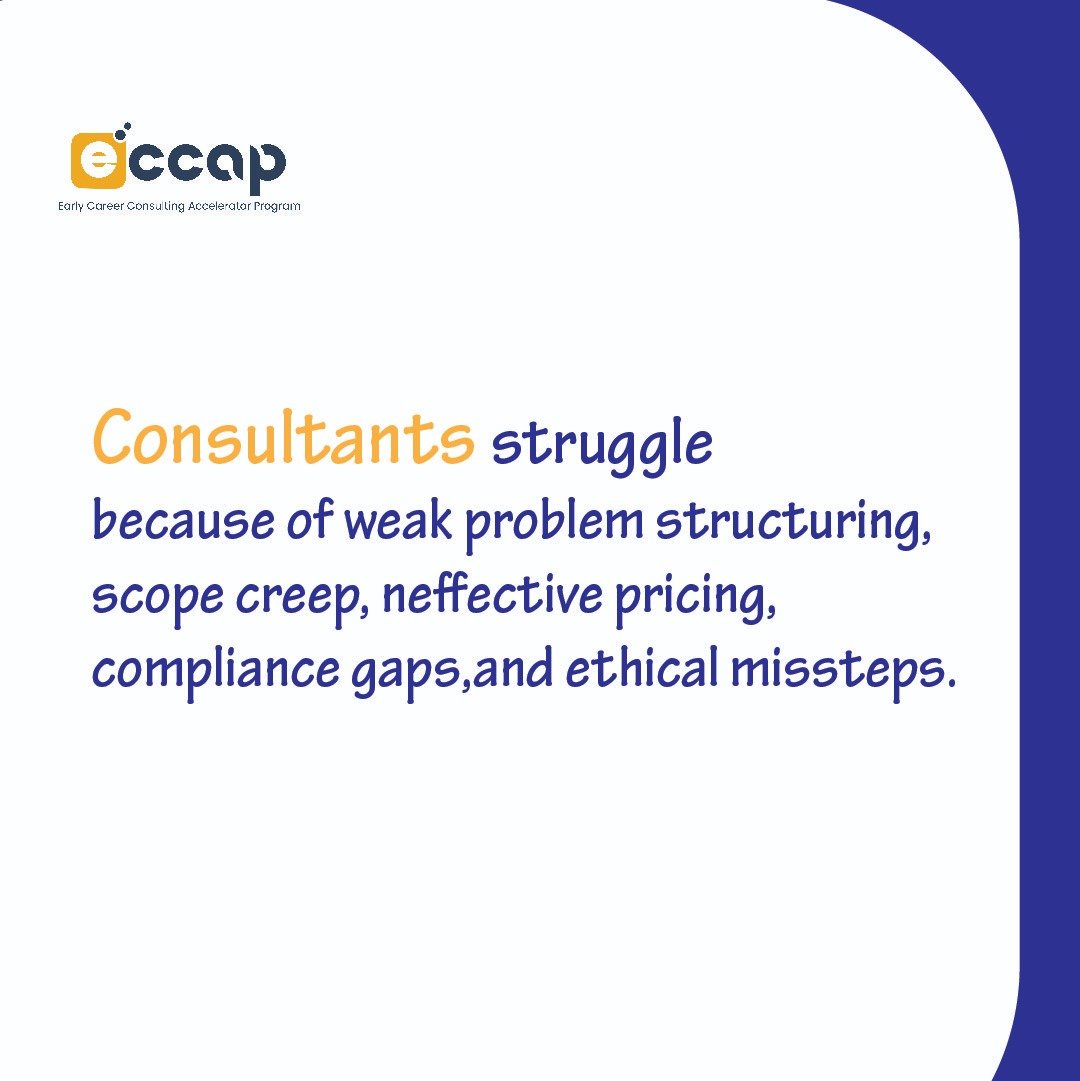 eccaprca's tweet photo. Most consulting firms struggle with poor problem structuring, scope creep, pricing mistakes, compliance risks, and ethical gaps. Top advisors combine problem-solving, business discipline, &amp; integrity. Great consulting isn't about having answers. It's about having systems

 #ECCAP https://t.co/YG1Qt6DWME