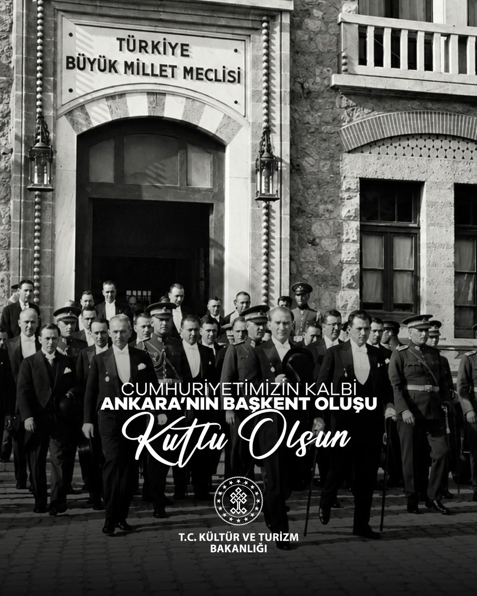 TCKulturTurizm's tweet photo. Milletimizin en zor günlerinde umudunu ve kararlılığını büyüttüğü Ankara'mız, Cumhuriyetimizi kuran iradenin bizlere emanetidir.

Gazi Mustafa Kemal Atatürk’ü, silah arkadaşlarını ve istiklal mücadelemizin bütün kahramanlarını rahmet ve minnetle anıyoruz.

Ankara’mızın başkent oluşunun 103. yıl dönümü kutlu olsun. 🇹🇷