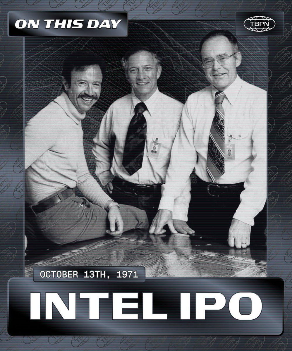 devi2XX's tweet photo. From $23.50 to Global Standard: The Day Intel Went Public

On October 13, 1971, a young semiconductor company called Intel launched its Initial Public Offering (IPO), forever changing the landscape of global technology and financial markets. Priced at just $23.50 per share, the IPO raised $8.2 million and valued the company at $58.2 million.
At the time, Intel was a bold, three-year-old startup driven by visionaries Gordon Moore and Robert Noyce. Decades later, that single day remains a textbook example of how early-stage tech investments can reshape the modern world. @intel