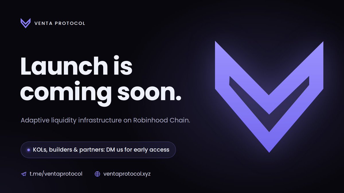 ventaprotocol's tweet photo. Venta Protocol is building adaptive liquidity infrastructure on Robinhood Chain 💜

Liquidity shouldn’t sit on fixed parameters. Venta adapts ranges, routing and execution as markets change, always inside limits users define.

⚙️ Matrix Engine decision layer
📦 Strategy Vaults
🤖 Keeper automation
🛡️ Built-in risk controls

Launch is coming soon. KOLs, builders and partners who want early access, DM us or join the community 👇
💬 https://t.co/nj17AqvA02
🌐 https://t.co/0U1lWC0yPw

#VentaProtocol #RobinhoodChain #DeFi