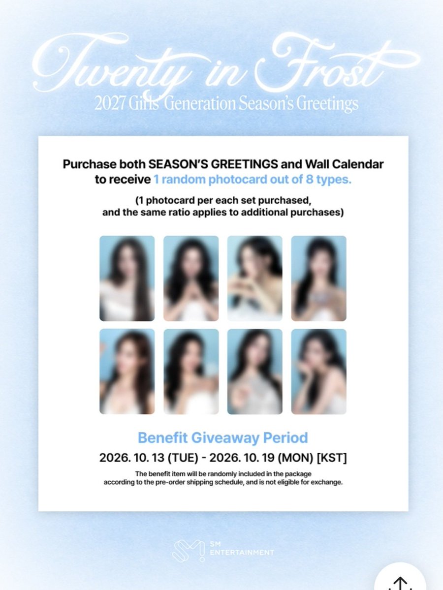 xolovemich_ss's tweet photo. SNSD POB photocard preview per store #2027SeasonsGreetings #GirlsGeneration 

❄️ SMTOWN &amp;STORE
❄️ Berriz x SMTOWN &amp;STORE
❄️ JAPAN SMTOWN OFFICIAL ONLINE STORE
❄️ Bilibili SMTOWN_CHINA https://t.co/RqQKOYHOS8