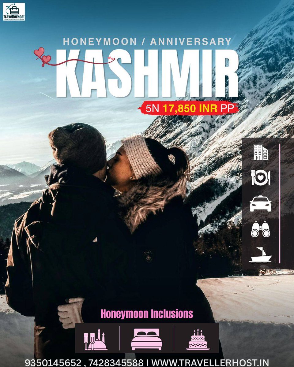 CayqueParker's tweet photo. Celebrate love in Kashmir with a 5-night honeymoon escape from ₹17, 850 per person. Enjoy romantic stays, meals, transfers, sightseeing, a Shikara ride, cake, bed decoration, and candlelight experiences. Book now: 9350145652 | 7428345588 https://t.co/EMHvu2BKNW