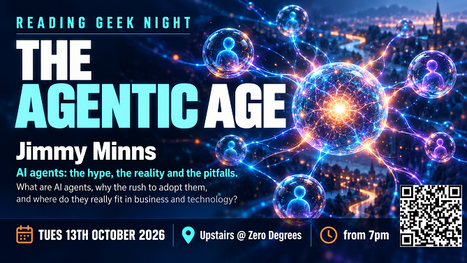 RDGGeekNight's tweet photo. Join us for the Reading Geek Night October event (Tue 13th Oct from 7pm) upstairs @ZerodegreesBeer  (Reading). Come &amp; listen to Jimmy Minns talk about - ‘The Agentic Age’  Followed by a pub quiz. Everyone Welcome! More info: https://t.co/aE7UBLKoTj https://t.co/c8y38KpTZ9