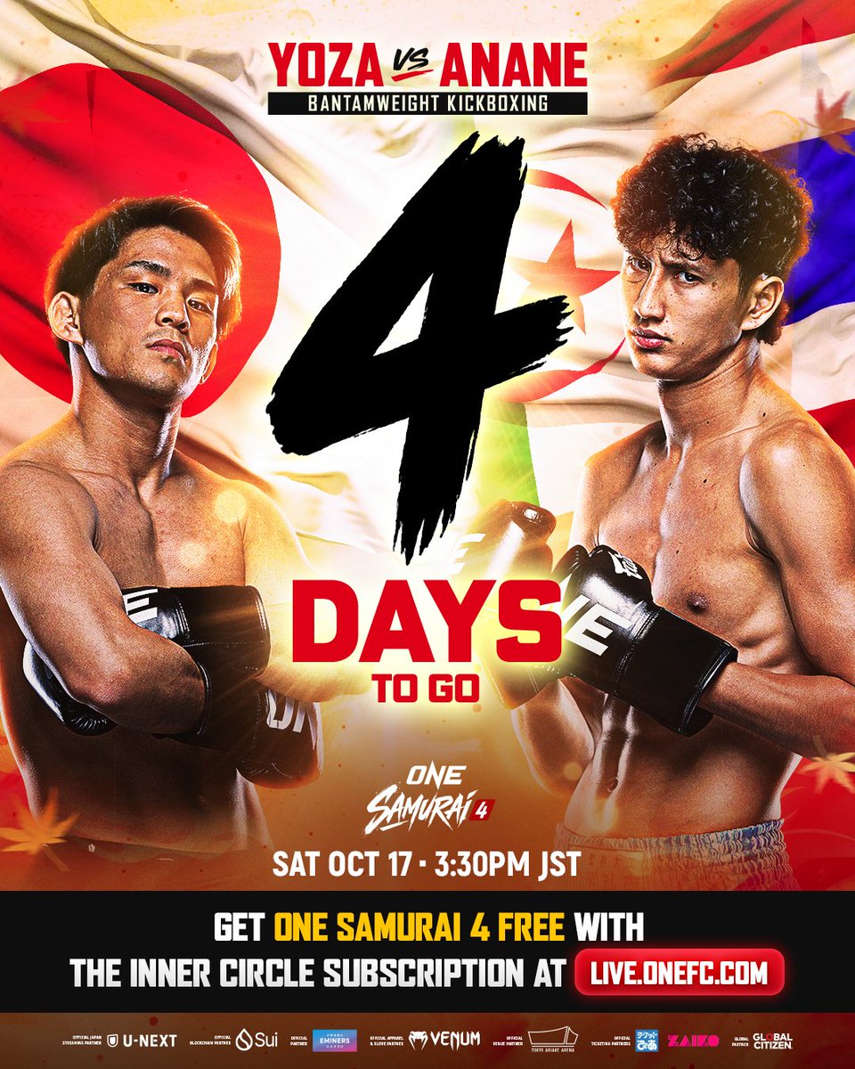 ONEChampionship's tweet photo. 🚨 BANGER ALERT 🚨 Yuki Yoza and Nabil Anane collide in a high-stakes kickboxing showdown in just FOUR days at ONE SAMURAI 4! Who takes it? @yozayuki_1 

🔴 ONE-TIME OFFER: Get BOTH The Inner Circle 35 and ONE SAMURAI 4 when you subscribe for The Inner Circle NOW!

#ONESAMURAI4 | Sat Oct 17 at 3:30PM JST/2:30AM ET
Subscribe to The Inner Circle for USD9.99/month 👉 https://t.co/wZyjoitSRT
Save 10% on your first month with code "WELCOME10".
🇯🇵 Live on U-NEXT
🎟️ Tickets 👉 https://t.co/NOhpsohjIB