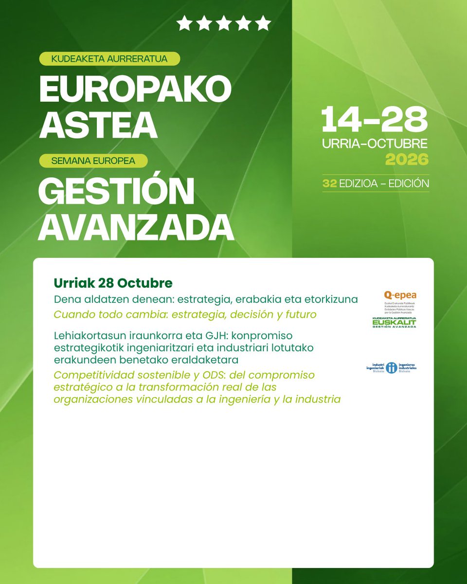 EUSKALIT's tweet photo. 📢 32. Kudeaketa Aurreratuaren Europako Astea bihar bertan hasiko da! Hona hemen Euskaliten lankidetza edo partaidetza zuzena duten bost jardunaldi ezberdin:

❇️ Urriak 26. 𝗘𝗦𝗚𝗮𝗿𝗶 𝗯𝘂𝗹𝘁𝘇��𝗱𝗮: 𝗘𝘂𝗿𝗼𝗽𝗮 𝗲𝘁𝗮 𝗘𝘂𝘀𝗸𝗮𝗱𝗶 𝗘𝗧𝗘𝗲𝗻 𝗹𝗲𝗵𝗶𝗮𝗸𝗼𝗿𝘁𝗮𝘀𝘂𝗻𝗲𝗿𝗮𝗸𝗼 𝗹𝗲𝗿𝗿𝗼𝗸𝗮𝘁𝘂𝘁𝗮, BasquESGren eskutik (@Ihobe_Eus, @Gob_eus eta Euskalit).

❇️ Urriak 27. 𝗝𝗮𝘀𝗮𝗻𝗴𝗮𝗿𝗿𝗶𝘁𝗮𝘀𝘂𝗻𝗮 𝗮𝗿𝗱𝗮𝘁𝘇 𝗲𝘀𝘁𝗿𝗮𝘁𝗲𝗴𝗶𝗸𝗼 𝗴𝗶𝘀𝗮 𝗟𝗮𝗻𝗯𝗶𝗱𝗲 𝗛𝗲𝘇𝗶𝗸𝗲𝘁𝗮𝗸𝗼 𝗭𝗲𝗻𝘁𝗿𝗼𝗲𝘁𝗮𝗻: 𝗸𝘂𝗱𝗲𝗮𝗸𝗲𝘁𝗮, 𝗻𝗲𝘂𝗿𝗸𝗲𝘁𝗮 𝗲𝘁𝗮 𝗹𝗮𝗻𝗸𝗶𝗱𝗲𝘁𝘇𝗮 𝟮𝟬𝟯𝟬𝗲𝗸𝗼 𝗔𝗴𝗲𝗻𝗱𝗮𝗿𝗮𝗻𝘁𝘇 𝗮𝘂𝗿𝗿𝗲𝗿𝗮 𝗲𝗴𝗶𝘁𝗲𝗸𝗼, @Goierrieskola1, @HETELFP eta @tknika-ren eskutik.

❇️ Urriak 27. 𝗞𝘂𝗱𝗲𝗮𝗸𝗲𝘁𝗮 𝗟𝗮𝗯𝘂𝗿𝗿𝗲𝗮𝗻 𝗦𝗮𝗿𝗶𝗮𝗿𝗲𝗻 𝗯𝗮𝗻𝗮𝗸𝗲𝘁𝗮, @MUnibertsitatea eta Euskaliten eskutik.

❇️ Urriak 28. 𝗗𝗲𝗻𝗮 𝗮𝗹𝗱𝗮𝘁𝘇𝗲𝗻 𝗱𝗲𝗻𝗲𝗮𝗻: 𝗲𝘀𝘁𝗿𝗮𝘁𝗲𝗴𝗶𝗮, 𝗲𝗿𝗮𝗯𝗮𝗸𝗶𝗮 𝗲𝘁𝗮 𝗲����𝗼𝗿𝗸𝗶𝘇𝘂𝗻𝗮, @qepea eta Euskaliten eskutik.

❇️ Urriak 28. 𝗟𝗲𝗵𝗶𝗮𝗸𝗼𝗿𝘁𝗮𝘀𝘂𝗻 𝗶𝗿𝗮𝘂𝗻𝗸𝗼𝗿𝗿𝗮 𝗲𝘁𝗮 𝗚𝗝𝗛: 𝗸𝗼𝗻𝗽𝗿𝗼𝗺𝗶𝘀𝗼 𝗲𝘀𝘁𝗿𝗮𝘁𝗲𝗴𝗶𝗸𝗼𝘁𝗶𝗸 𝗶𝗻𝗴𝗲𝗻𝗶𝗮𝗿𝗶𝘁𝘇𝗮𝗿𝗶 𝗲𝘁𝗮 𝗶𝗻𝗱𝘂𝘀𝘁𝗿𝗶𝗮𝗿𝗶 𝗹𝗼𝘁𝘂𝘁𝗮𝗸𝗼 𝗲𝗿𝗮𝗸𝘂𝗻𝗱𝗲𝗲𝗻 𝗯𝗲𝗻𝗲𝘁𝗮𝗸𝗼 𝗲𝗿𝗮𝗹𝗱𝗮𝗸𝗲𝘁𝗮𝗿𝗮, @COIIB1-en eskutik.

Ikusi programa eta inskriba zaitez hemen:
➡️ https://t.co/LyGqeXaRnM

#EuropakoAstea26 #KudeaketaAurreratua #Euskalit