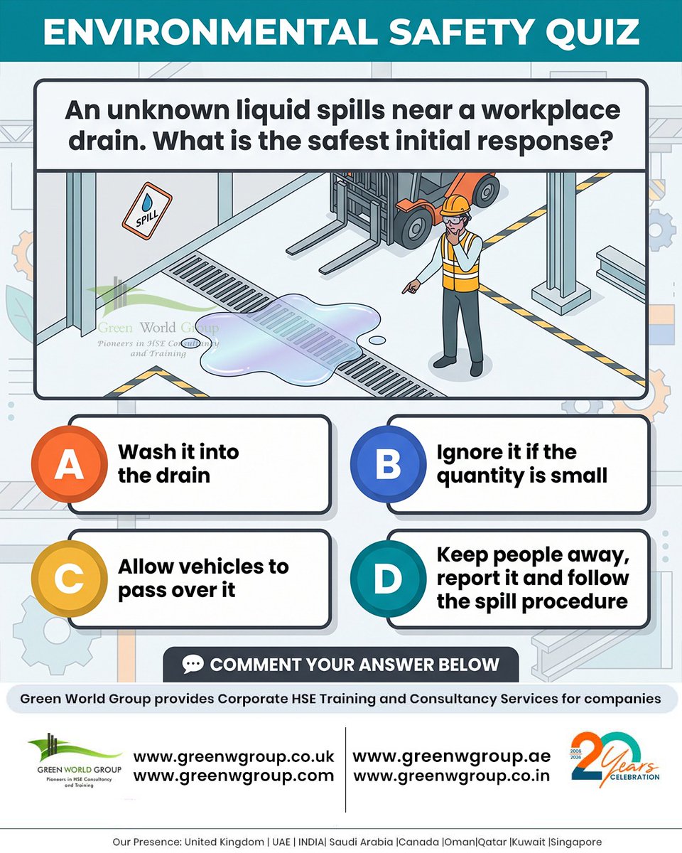 greenwgroup's tweet photo. π Environmental Safety Quiz!
An unknown liquid spills near a workplace drain. What's the safest first response? π€
π¬ Comment A, B, C or D!
#EnvironmentalSafety #SpillResponse #WorkplaceSafety #HSE #SafetyQuiz #GreenWorldGroup https://t.co/FcIO5JsWDI