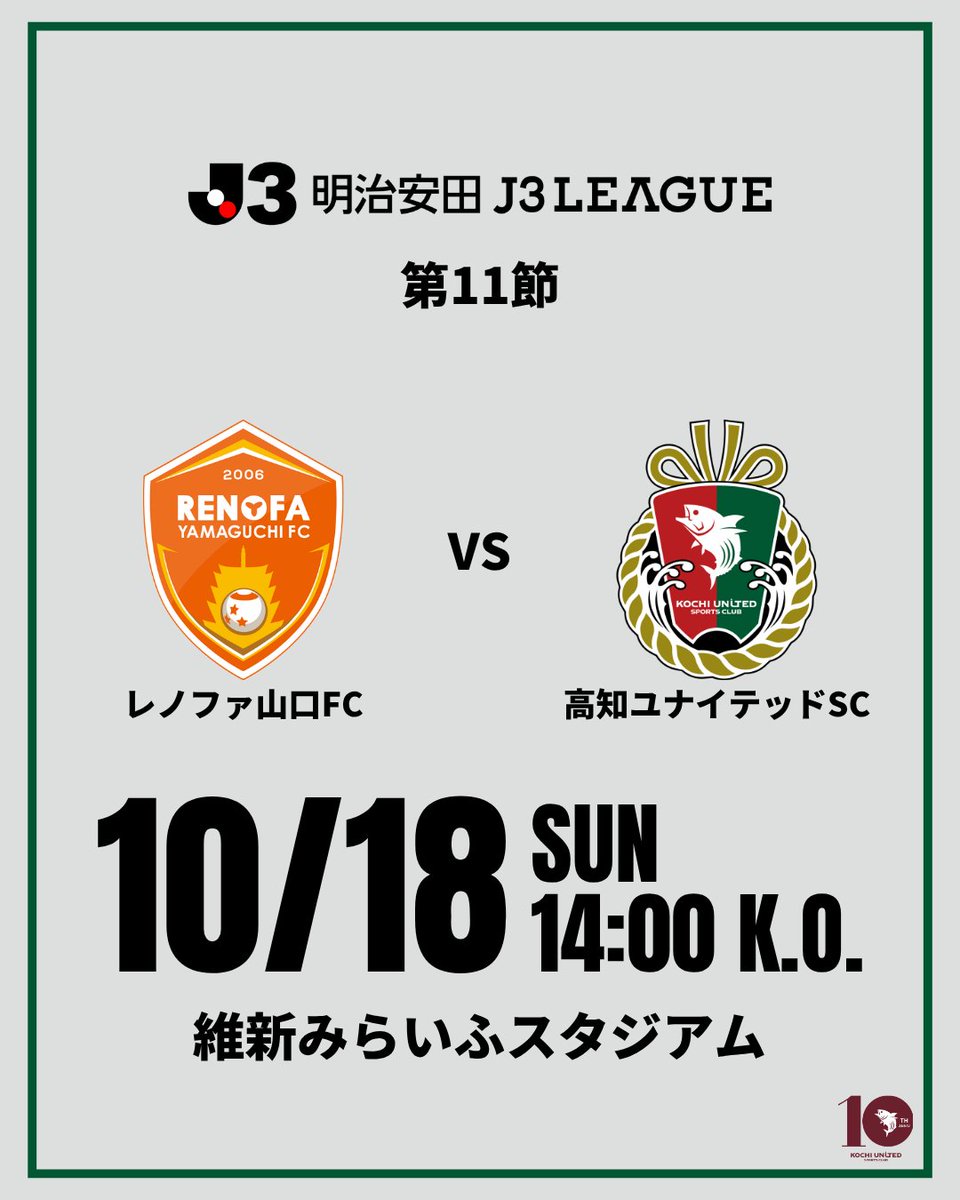 kochi_United's tweet photo. 【10/18(日) 山口戦】
アウェイゲーム 試合情報を掲載しました

🏆明治安田Ｊ３リーグ 第11節
🗓️10/18(日) 14:00K.O.
🆚#レノファ山口FC
🏟️維新みらいふスタジアム
📺DAZN

🔽試合情報はこちらℹ️
https://t.co/JPrLzW1A6U

🔽チケットの購入はこちら🎫
https://t.co/lDIYYeH3kM

#高知ユナイテッドSC
#プライドオブ中四国