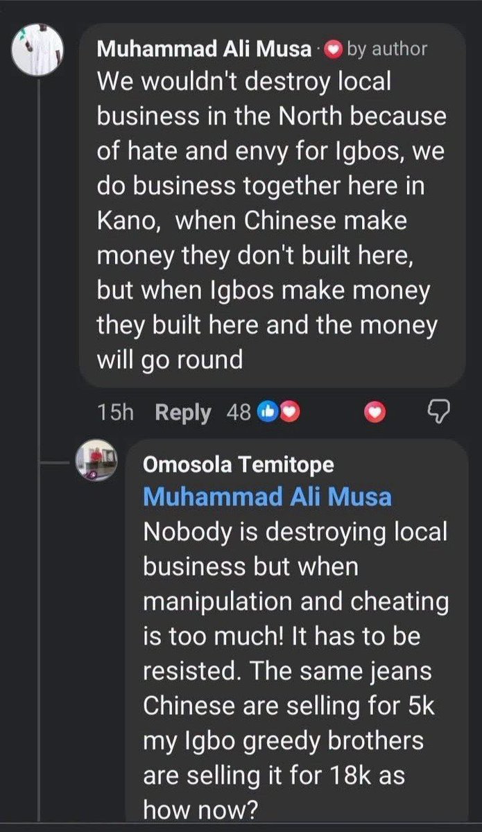 UchePOkoye's tweet photo. "We wont destroy local businesses in the North out of hate and envy for Igbos. When Chinese make money, they don't build here, but when Igbos make money, they build here and the money goes round. If you believe Igbos are selling higher, why can't Yoruba business men go to China, import and sell cheaper?" —Muhammad Ali Musa:

A northern Nigerian to a South Western Nigerian.