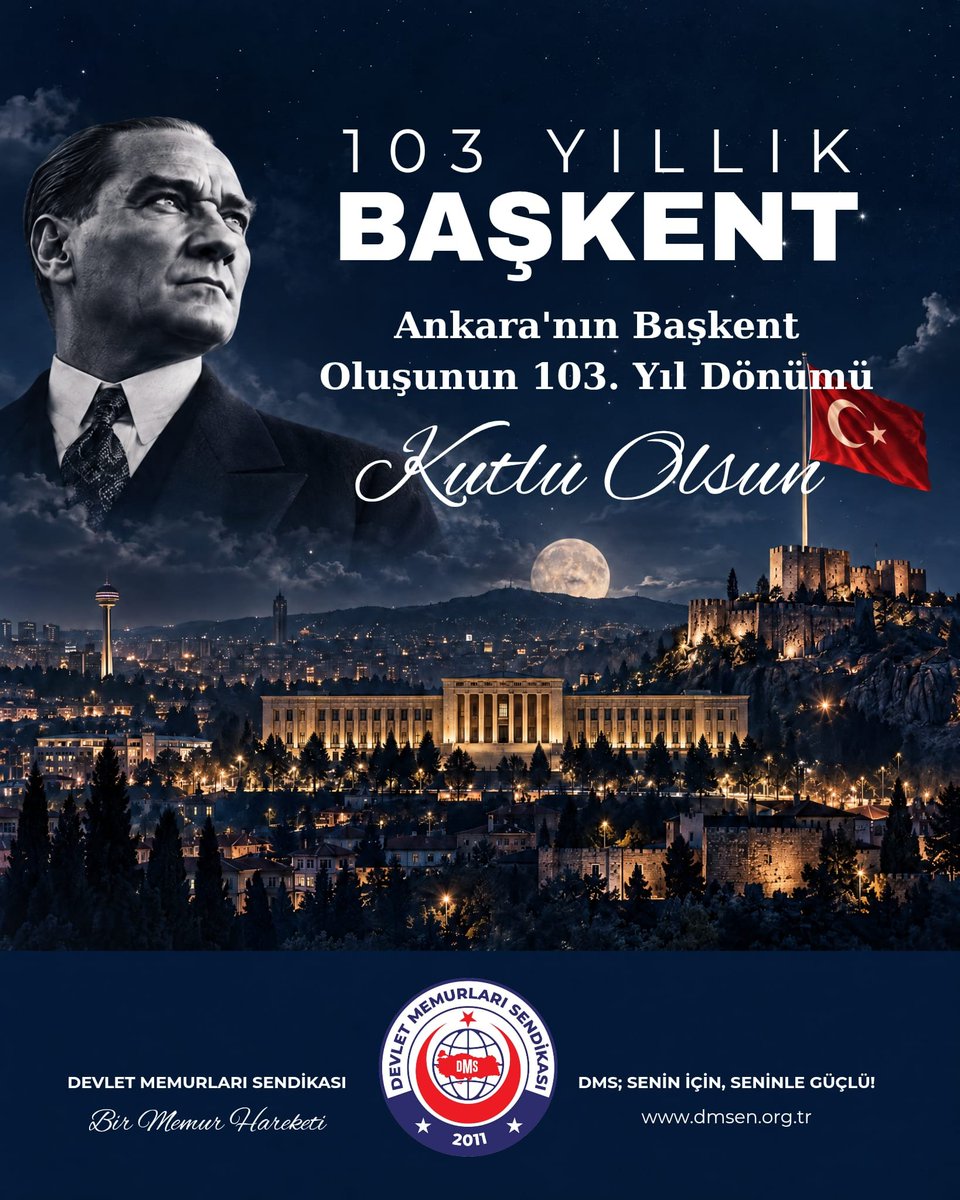 dmssendikasi's tweet photo. 📍 103 YILLIK BAŞKENT!

Millî Mücadele’nin kalbi, Cumhuriyetimizin başkenti, milletimizin sarsılmaz iradesinin timsali Ankara’nın başkent oluşunun 103. yıl dönümünü büyük bir gururla kutluyoruz.

Ankara; yokluklar içinde umudun yeşerdiği, esarete karşı bağımsızlığın haykırıldığı, bir milletin kaderini kendi elleriyle yazdığı kutlu mücadelenin merkezidir. Bu topraklarda yükselen bağımsızlık iradesi, 13 Ekim 1923’te Ankara’nın başkent ilan edilmesiyle tarihimizde yeni bir dönemin kapısını aralamıştır.

Bugün bizlere düşen görev; bu büyük mirasa sahip çıkmak, Cumhuriyetimizin kazanımlarını korumak ve ülkemizi daha güçlü yarınlara taşımak için aynı inançla, aynı kararlılıkla çalışmaktır.

Bu anlamlı günde; başta Cumhuriyetimizin kurucusu Gazi Mustafa Kemal Atatürk olmak üzere, silah arkadaşlarını, Millî Mücadele kahramanlarımızı ve vatanımız uğruna canlarını feda eden tüm şehitlerimizi rahmetle, gazilerimizi minnetle anıyoruz.

Devlet Memurları Sendikası
Genel Merkez Yönetim Kurulu