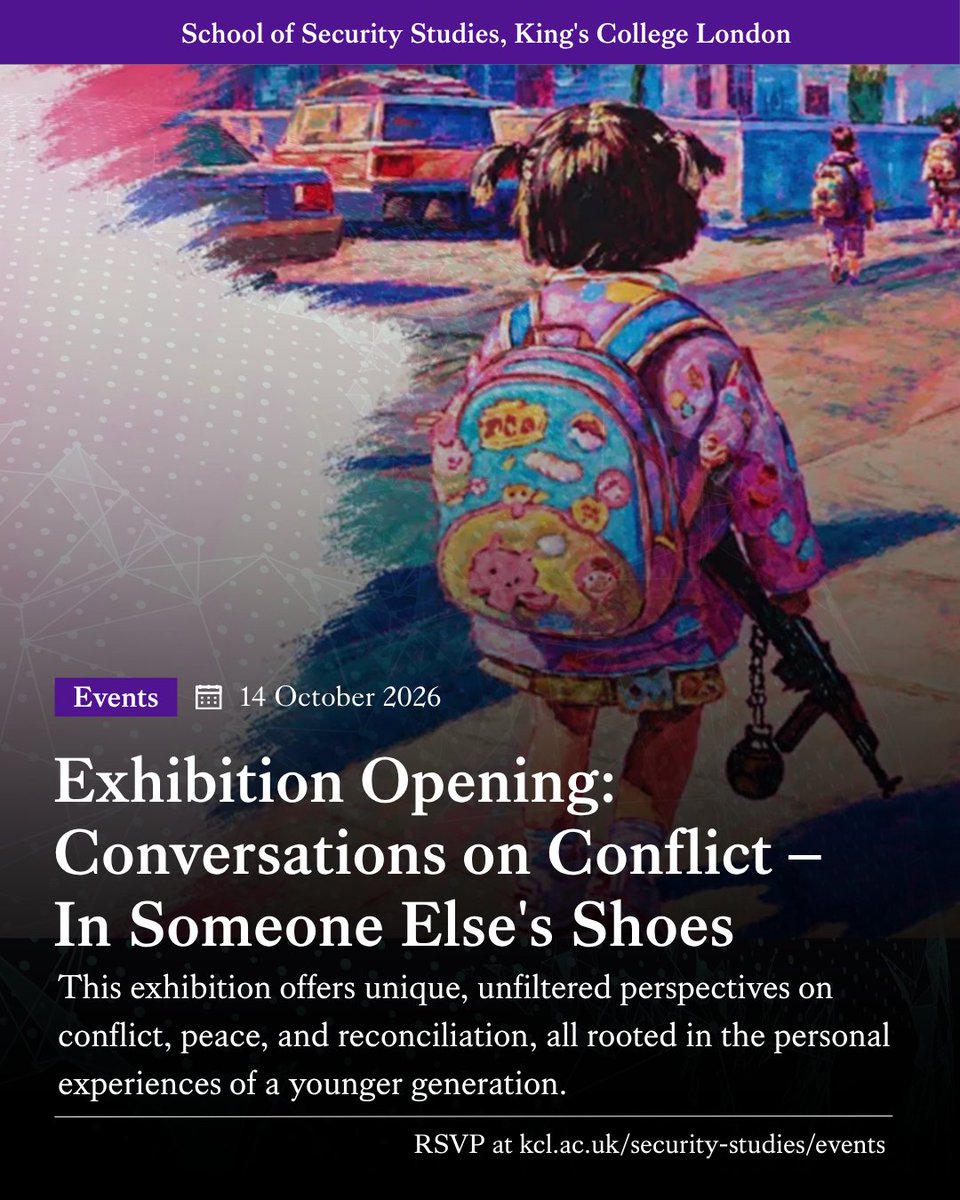 KCLSecurity's tweet photo. ⏰TMR: This exhibition presents global youth art and poetry (ages 9-18) on conflict, peace, and reconciliation.
Open at all times to King’s staff/students; public access from 15:00-17:00 between 19-23 Oct.
Opening:
🗓️ 14 Oct | 18:30-21:00 | 📍Strand Campus
https://t.co/xMtVMBOW6C https://t.co/mavnFXQLRk